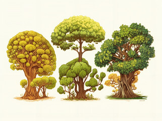 a group of trees with different colors and sizes in a row on a white background with a white background, generative ai