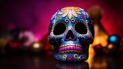 A colorful skull is sitting on a table with other skulls, AI - Powered by Adobe