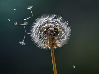 Macro shot of a delicate dandelion seed suspended in mid-air.