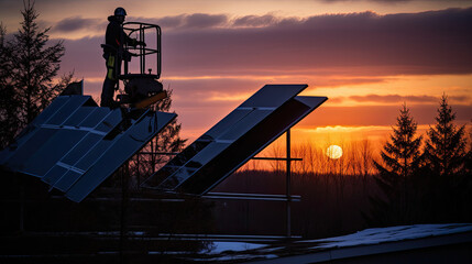 Worker on a lift inspecting solar panels at sunset with orange sky and silhouetted trees in background