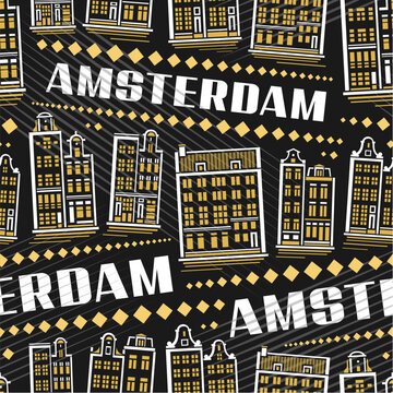 Vector Amsterdam Seamless Pattern, square repeating background with illustration of famous european amsterdam city scape on dark background, decorative line art urban poster with white text amsterdam