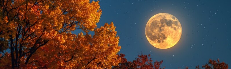 Full moon that is shining brightly over the trees. Banner