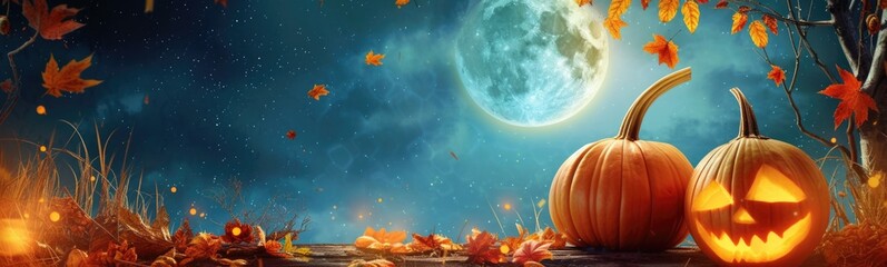 Two pumpkins sitting on a table in the grass. Banner - obrazy, fototapety, plakaty