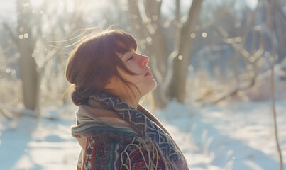 A woman wearing a shawl looking up at the warm, snowy winter sky, Generative AI