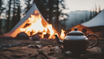 Camp fire and tea pot are foreground and focused, there is a tent in the background and defocused 