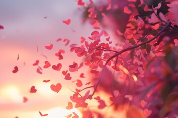 Fototapeta premium romantic atmosphere created by heart-shaped foliage against a backdrop of a tranquil sunset