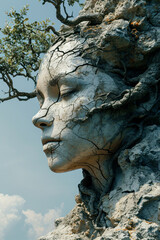 Fototapeta na wymiar Monumental Stone Head of a Woman in Nature Wallpaper Background Poster Illustration Digital Art Cover Brainstorming