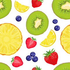 Tropical fruits background. Seamless pattern with berry, slices of pineapple, lemon and kiwi. Vector cartoon illustration of healthy food.