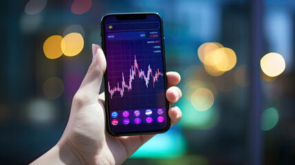 Closeup of a hand holding a smartphone displaying stock market graphs against a blurred city lights background