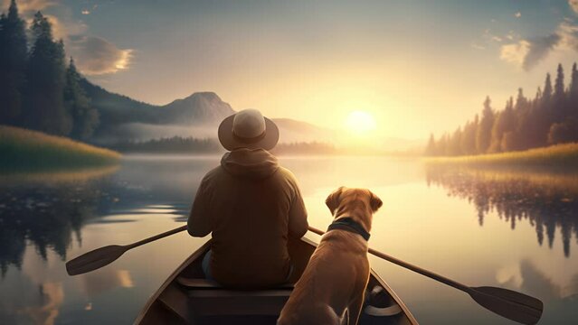 Man and dog floats on boat on lake at sunset. Recreation, fishing by boat, active leisure