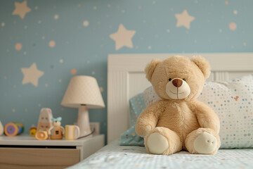 teddy bear in the bedroom - obrazy, fototapety, plakaty