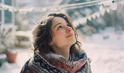 A woman wearing a shawl looking up at the warm, snowy winter sky, Generative AI