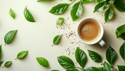 coffee cup on table and plants - obrazy, fototapety, plakaty
