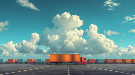 Orange Container Truck on Highway Under Expansive Cloudy Sky, transportation concept