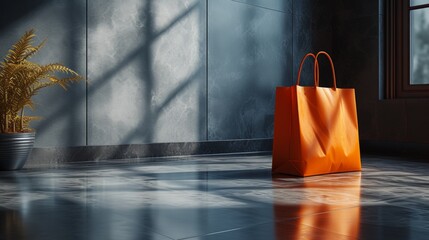 Orange Shopping Bag on the Floor - obrazy, fototapety, plakaty