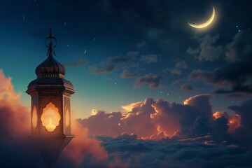 Ramadan lantern against night sky with crescent moon and clouds. Beacon of hope guiding believers through spiritual journey of Ramadan - obrazy, fototapety, plakaty
