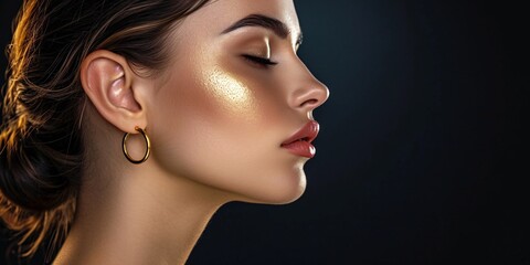 Stunning woman with gold earring and bob hairstyle in dark brown, showcasing flawless face and full makeup in profile view. - obrazy, fototapety, plakaty