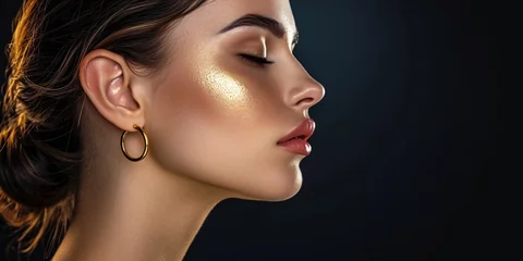 Foto auf Acrylglas Antireflex Stunning woman with gold earring and bob hairstyle in dark brown, showcasing flawless face and full makeup in profile view. © ckybe