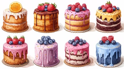 Assorted birthday cake designs in a vibrant and delicious assortment, featuring a variety of festive illustrations.