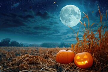 Two pumpkins sitting in a field with a full moon - obrazy, fototapety, plakaty