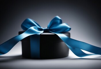 black present box with blue bow on top