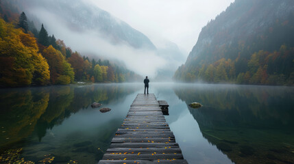 Misty autumn morning at mountain lake with man on wooden pier