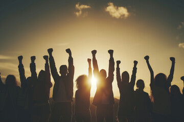 cheering crowd, silhouette of people at sunset