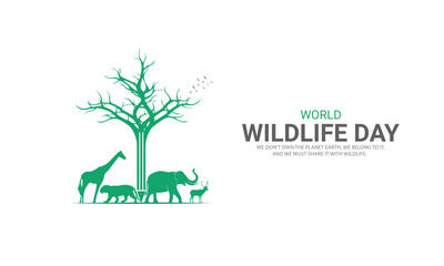Obraz premium World wildlife day, Wild animals in world shape wildlife day design for poster, banner. 3D Illustration