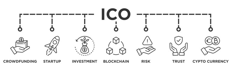ICO banner web icon vector illustration concept of initial coin offering with icon of crowdfunding, startup, investment, blockchain, risk, trust and cypto currency