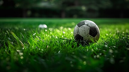 Fototapeta premium Soccer on emerald turf with black and white ball.