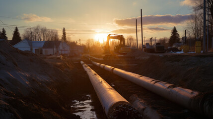 Golden sunset over a construction site with excavator and pipes highlighting industrial development against a residential backdrop - obrazy, fototapety, plakaty