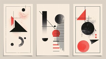 Sleek, modern posters featuring abstract geometric shapes and inspired by brutalist design, in a minimalist black and white color scheme.