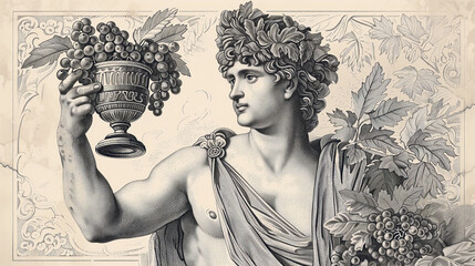 Engraved portrait of Bacchus the Roman god of wine who's father was Jupiter, the Greek equivalent is Dionysus, computer, black and white monochrome stock illustration image