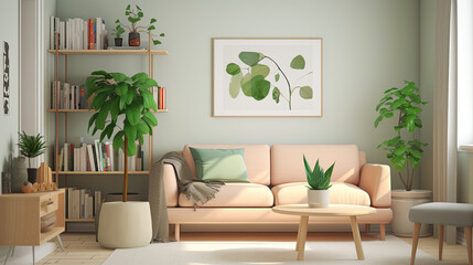 A cozy living room with a peachcolored couch green plants bookshelf and a framed botanical print on a pastel wall