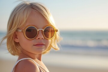 Cute little girl standing near the sea in sunglasses, family vacation