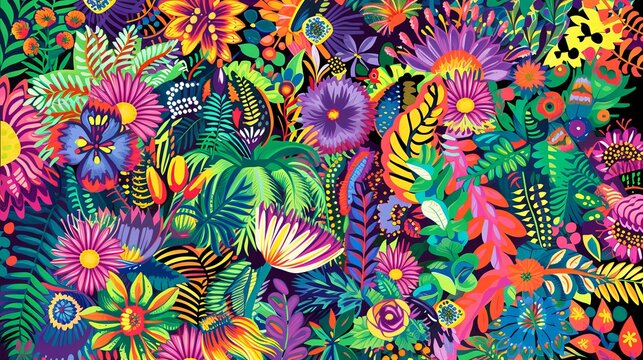 Very colorful image of a flowers and plants, in the style of intricate textile designs, bright colors, bold shapes, intricate illustrations art, junglepunk, pictorial fabrics, intricate foliage.