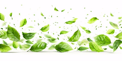 Flying foliage of green leaves, organic cosmetics and herbal tea, a vegan and eco-friendly design element, falling leaves