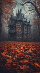 Creepy house in the middle of a forest. Vertical background 