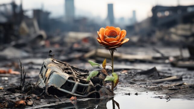 A flower is growing out of a car that has been destroyed, AI