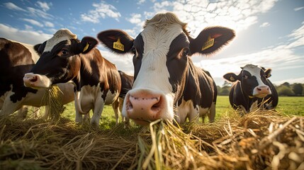 farm cows eating hay - obrazy, fototapety, plakaty
