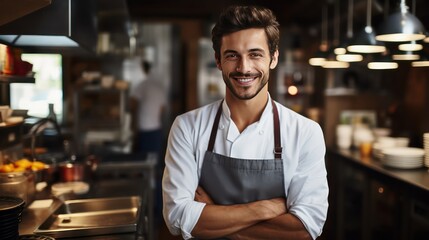 portrait of male chef smiling confidently in the kitchen - obrazy, fototapety, plakaty