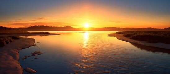 lake view at sunset with orange light