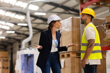 Female manager scolding employee in modern industry factory. Worker making mistake. Production...