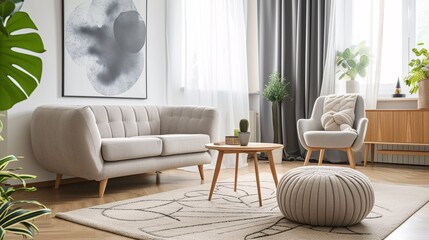 Vintage beige armchair and ottoman on the comfy rug in modern living space with gray couch and antique furnishings.