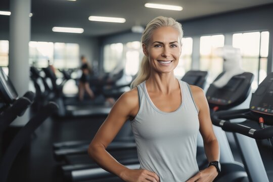 medium shot portrait photography of a pleased, woman in his 40s that is tracking fitness activity wearing smart shoes against a gym setting background