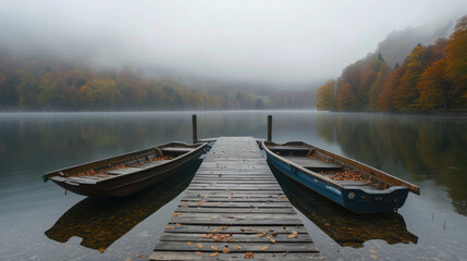Autumn tranquility on a misty mountain lake with a wooden dock and rowboats