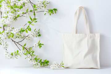 The shopping bag is a simple white blank - obrazy, fototapety, plakaty