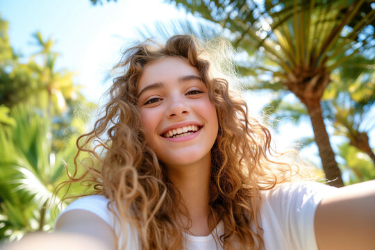 Smiling teenage girl taking selfie
