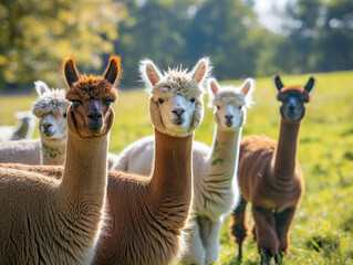 A family of various colour alpacas standing together in a fall setting.