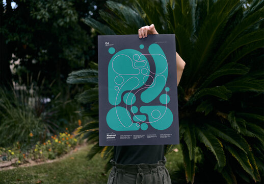Mockup of woman with customizable A2 vertical poster